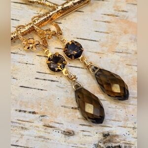 4 Carats Smoky Quartz & Drop Smoky Quartz In Statement Gold Plated Earrings